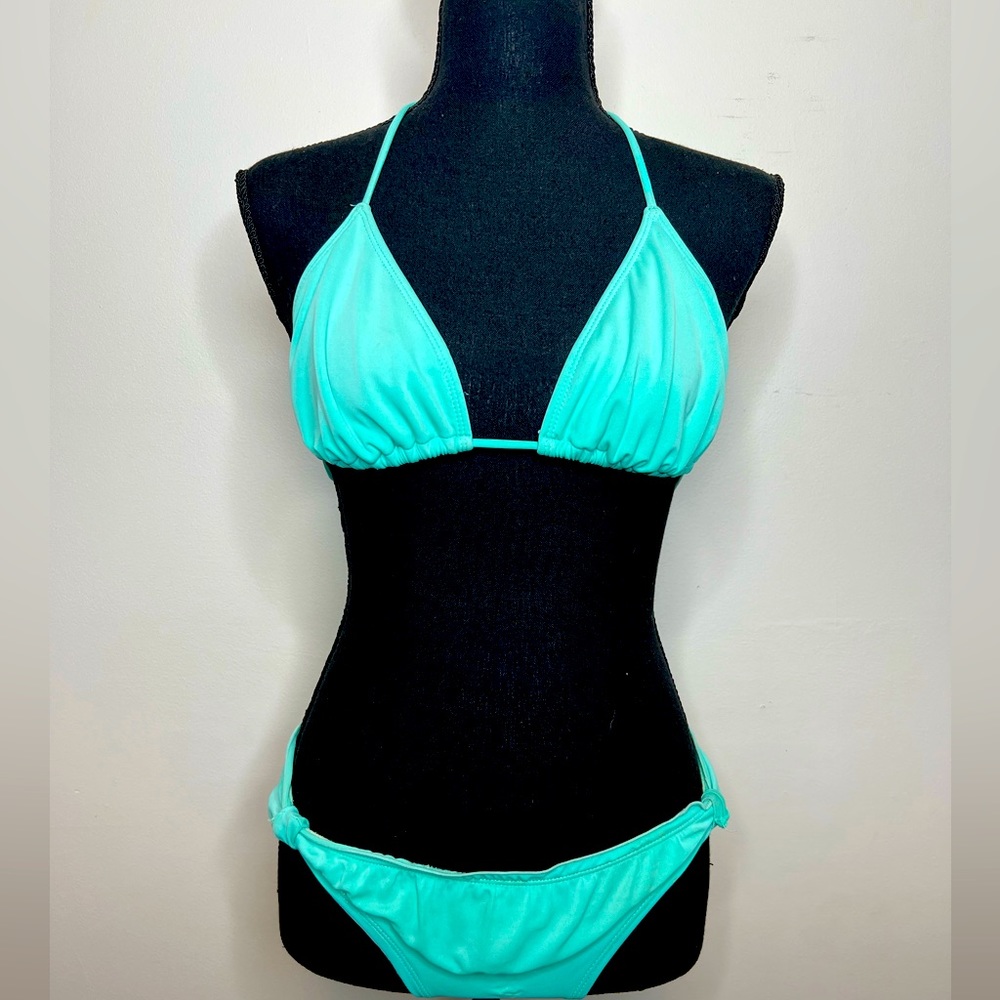 Tiffany’s Blue String Bikini Top and Ruched Bottoms